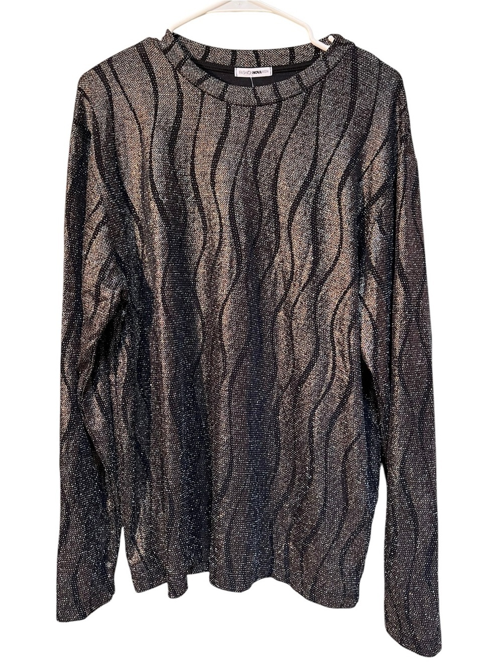Fashion Nova Men's Sz Large Party Time Long Sleeve Tee Black Metallic Semi-Sheer